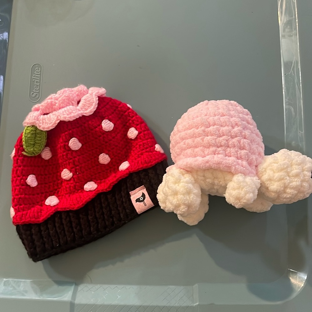 Baby boutique hand knitted crochet strawberry hat and turtle toy